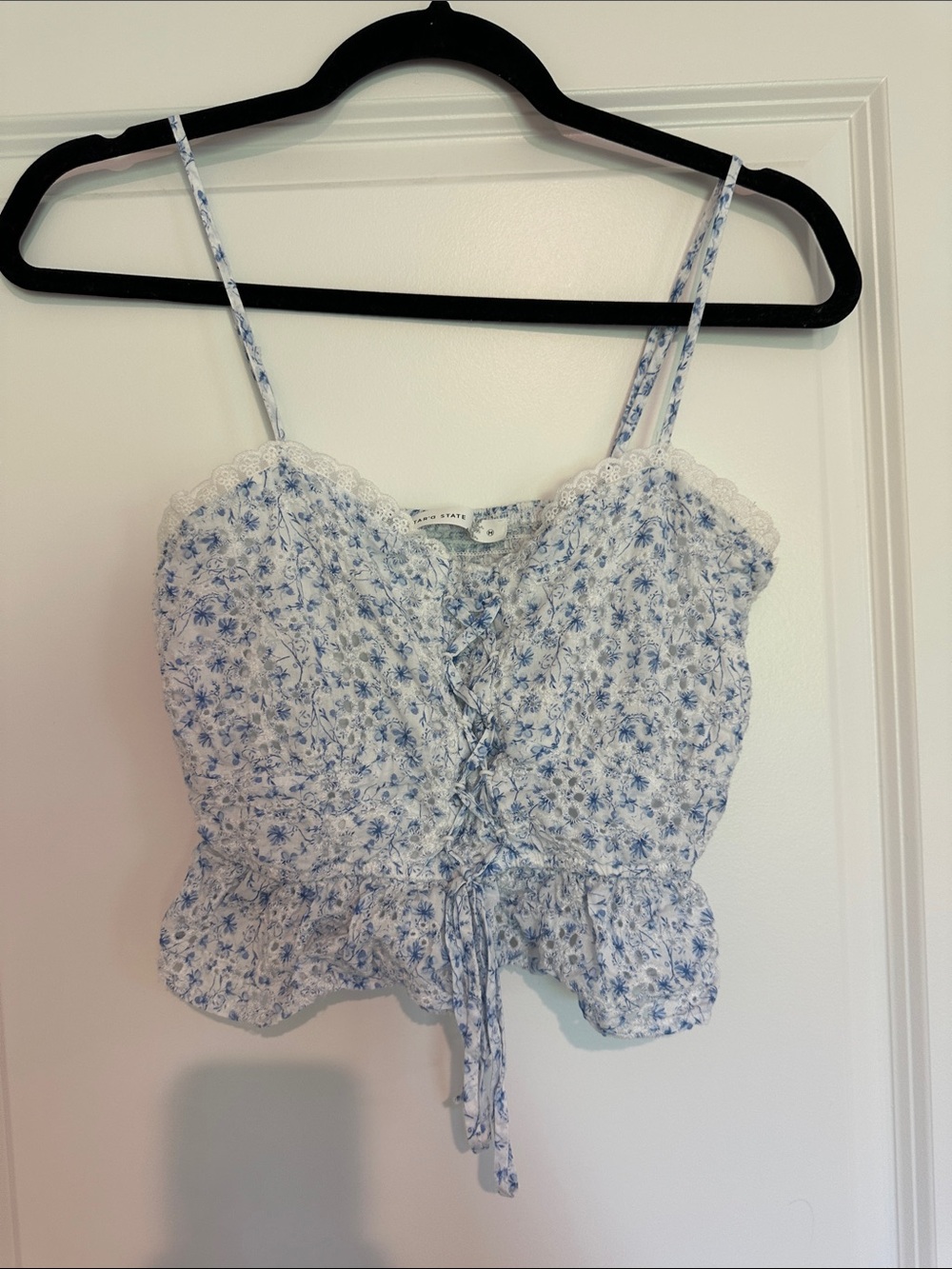 Altar'd State White and Light Blue Floral Lace-Trim Cropped Cami